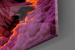Close-up detail of the curved scythe blade cutting across the violet cloudbank on the glass surface