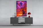 hooded reaper under a neon ring in the clouds glass wall art displayed above a console in a designer interior