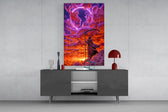 hooded reaper under a neon ring in the clouds glass wall art displayed above a console in a designer interior