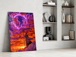 hooded reaper under a neon ring in the clouds panel resting in a shelving niche in a modern interior