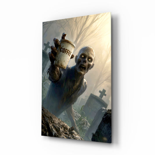 Coffee Cup Zombie in Misty Graveyard Glass Wall Art - Lifestyle preview in a designer interior
