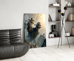 a zombie holding a coffee cup in a misty graveyard glass wall art leaning beside a dark leather sofa