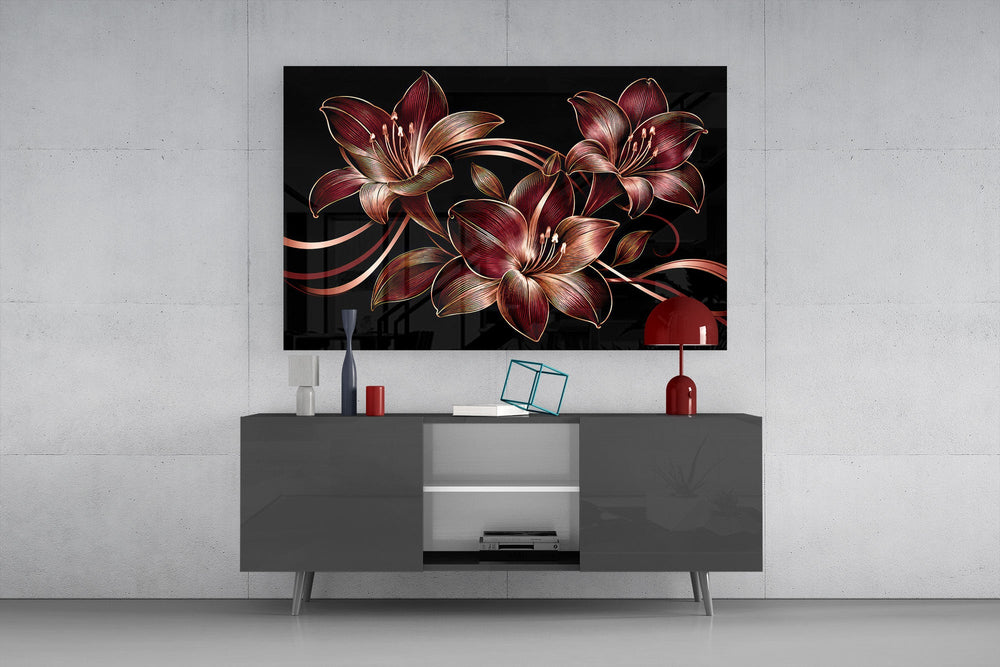 crimson and gold line-art lilies glass wall art styled in an atmospheric room setting