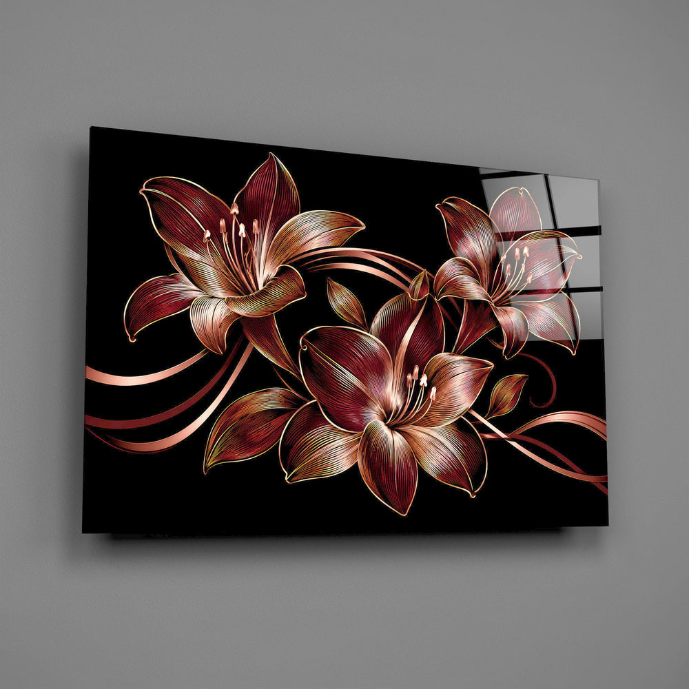 crimson and gold line-art lilies glass wall art angled to show the polished tempered glass panel