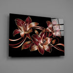 crimson and gold line-art lilies glass wall art angled to show the polished tempered glass panel