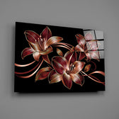 crimson and gold line-art lilies glass wall art angled to show the polished tempered glass panel