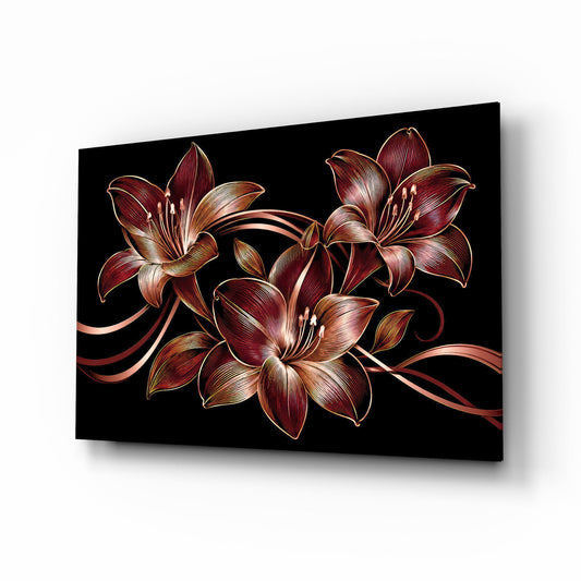 Crimson Gold Lily Trio Glass Wall Art - Lifestyle preview in a designer interior