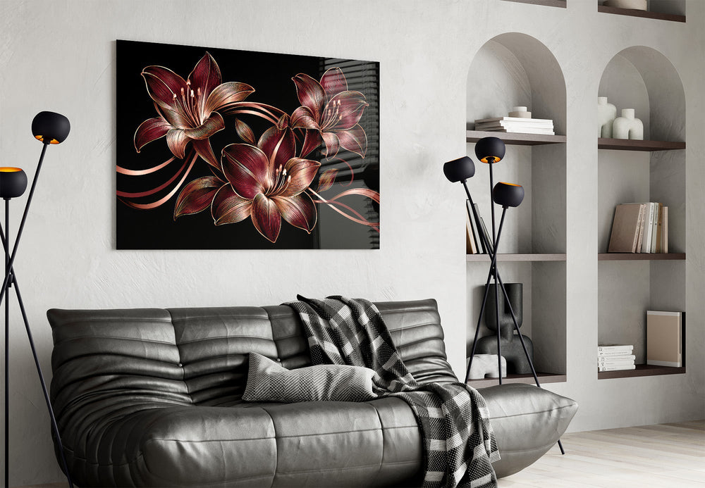 crimson and gold line-art lilies glass wall art styled above an armchair in a reading corner