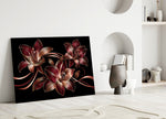 crimson and gold line-art lilies panel bringing character to a minimalist living room wall