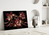 crimson and gold line-art lilies panel bringing character to a minimalist living room wall