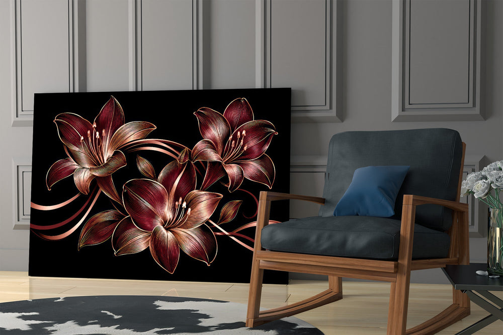 crimson and gold line-art lilies panel resting in a shelving niche in a modern interior