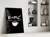 coffee energy formula humor panel resting in a shelving niche in a modern interior
