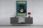 grumpy black cat with coffee glass wall art styled in an atmospheric room setting