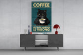 grumpy black cat with coffee glass wall art styled in an atmospheric room setting