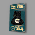 grumpy black cat with coffee glass wall art angled to show the polished tempered glass panel