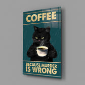 grumpy black cat with coffee glass wall art angled to show the polished tempered glass panel