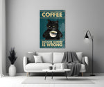grumpy black cat with coffee panel bringing character to a minimalist living room wall