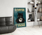grumpy black cat with coffee glass wall art leaning beside a dark leather sofa