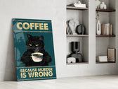 grumpy black cat with coffee panel resting in a shelving niche in a modern interior