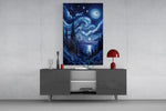 swirling starry night sky over water glass wall art styled in an atmospheric room setting