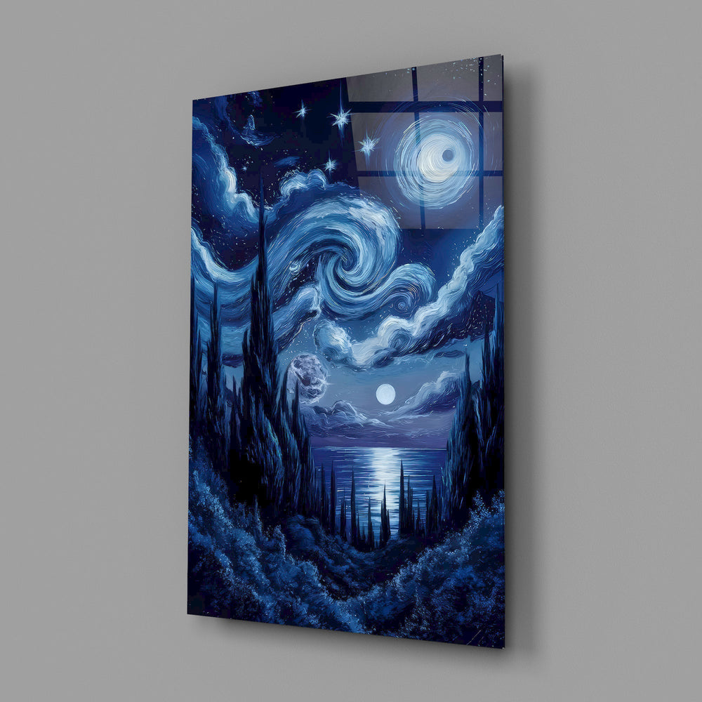 swirling starry night sky over water glass wall art angled to show the polished tempered glass panel