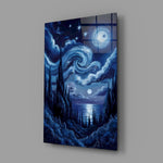 swirling starry night sky over water glass wall art angled to show the polished tempered glass panel