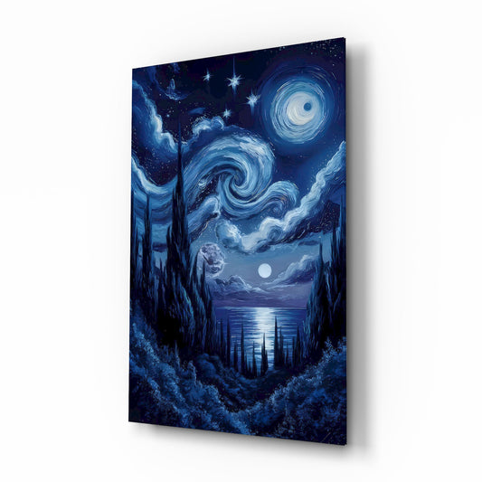 Swirling Starry Night Sky Glass Wall Art - Lifestyle preview in a designer interior
