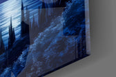 Close-up detail of the spiraling moon and moonlit lake on the glass surface