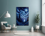 swirling starry night sky over water glass wall art styled above an armchair in a reading corner