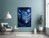 swirling starry night sky over water glass wall art styled above an armchair in a reading corner