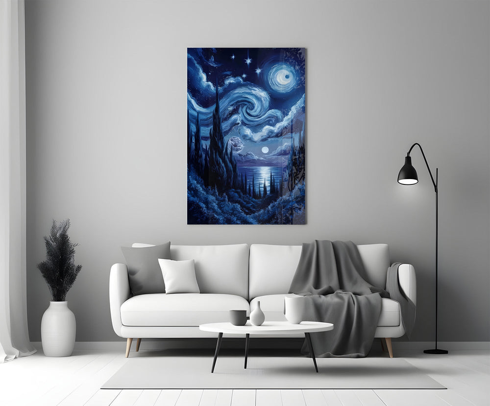 swirling starry night sky over water panel bringing character to a minimalist living room wall