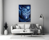 swirling starry night sky over water panel bringing character to a minimalist living room wall