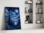 swirling starry night sky over water panel resting in a shelving niche in a modern interior