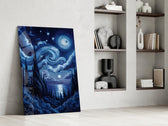 swirling starry night sky over water panel resting in a shelving niche in a modern interior