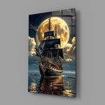 tall sailing ship before a full moon glass wall art angled to show the polished tempered glass panel
