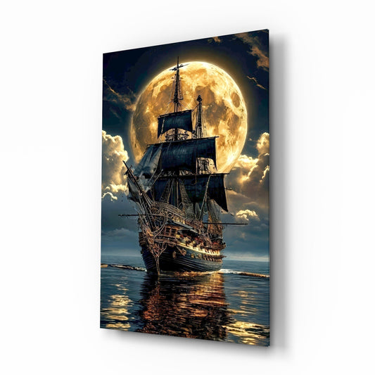 Galleon and Full Moon Seascape Glass Wall Art - Lifestyle preview in a designer interior