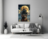 tall sailing ship before a full moon panel bringing character to a minimalist living room wall