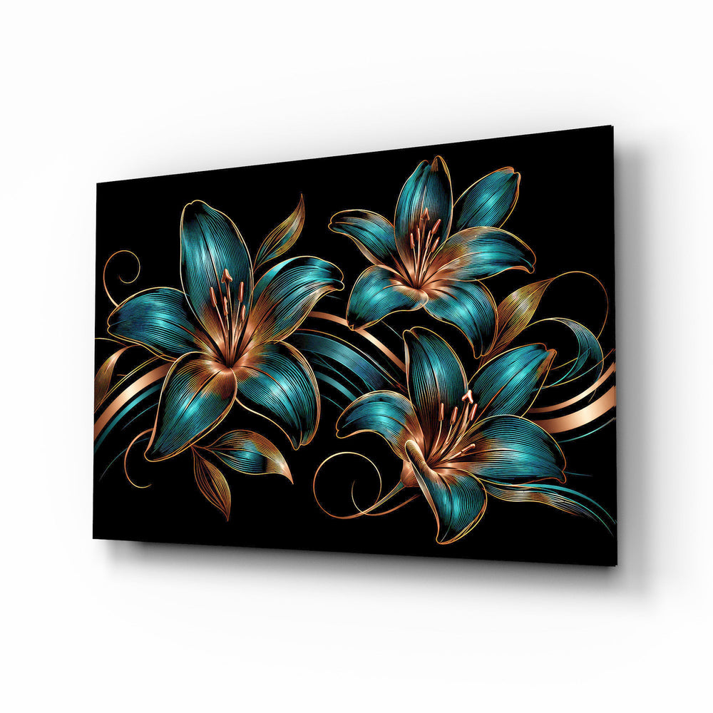 Teal and Copper Lily Trio Glass Wall Art - Lifestyle preview in a designer interior