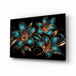 Teal and Copper Lily Trio Glass Wall Art - Lifestyle preview in a designer interior