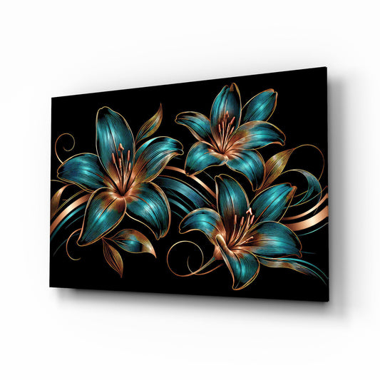 Teal and Copper Lily Trio Glass Wall Art - Lifestyle preview in a designer interior