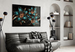 teal and copper line-art lilies glass wall art styled above an armchair in a reading corner