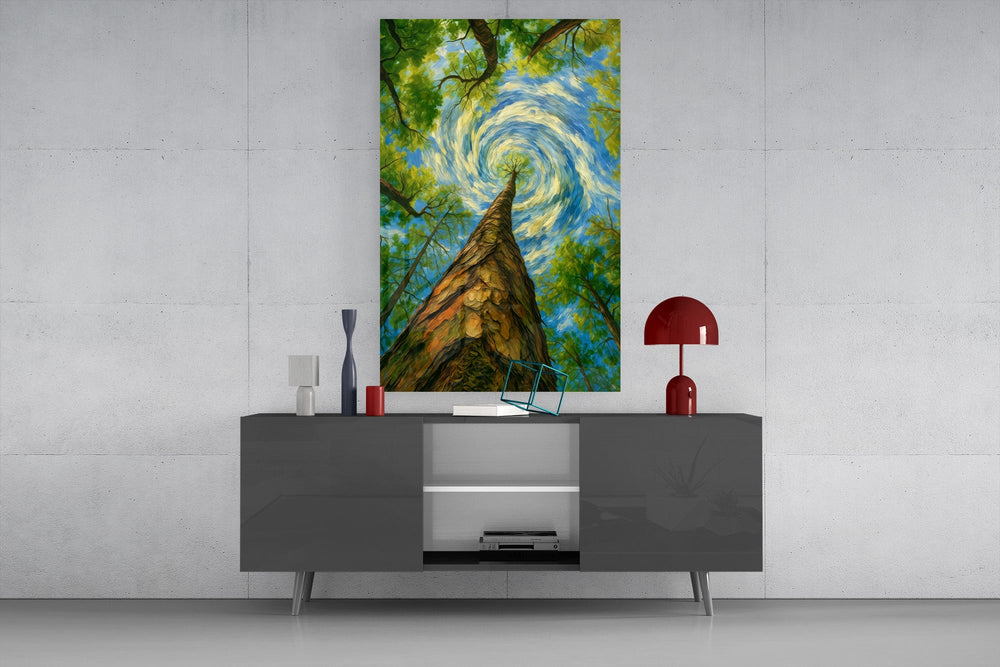 swirling sky through a treetop canopy glass wall art styled in an atmospheric room setting