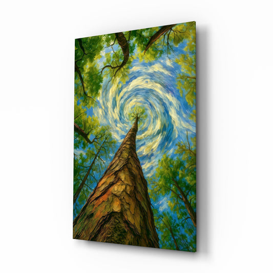 Swirling Sky Treetop Canopy Glass Wall Art - Lifestyle preview in a designer interior