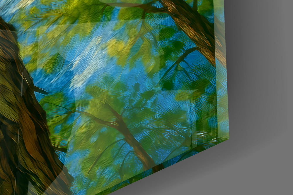 Close-up detail of the spiraling clouds and towering trunk on the glass surface