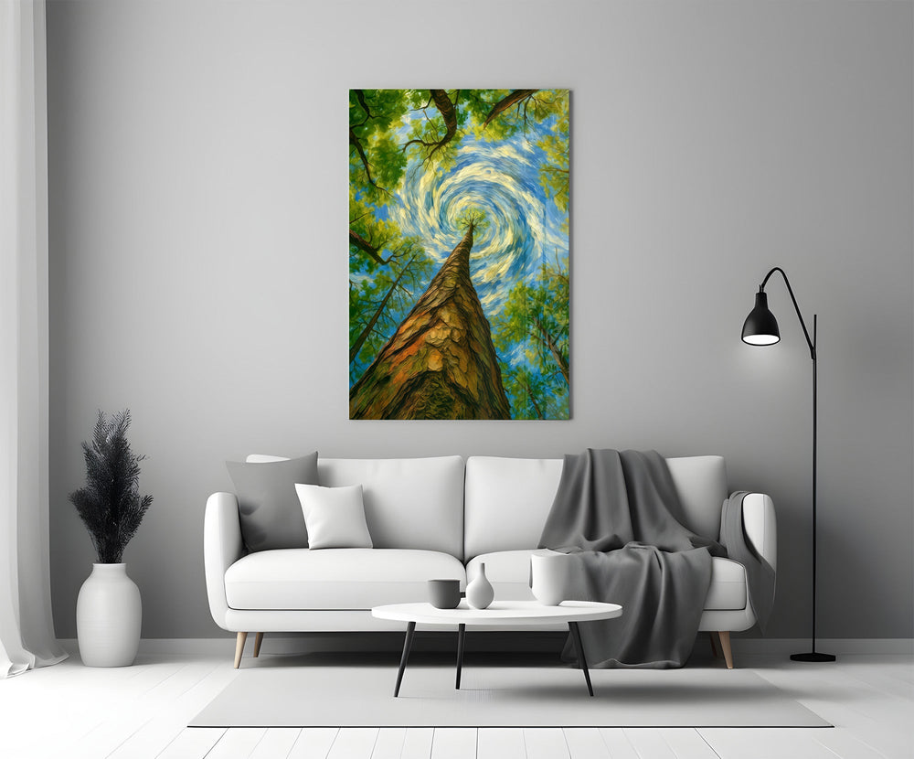 swirling sky through a treetop canopy panel bringing character to a minimalist living room wall