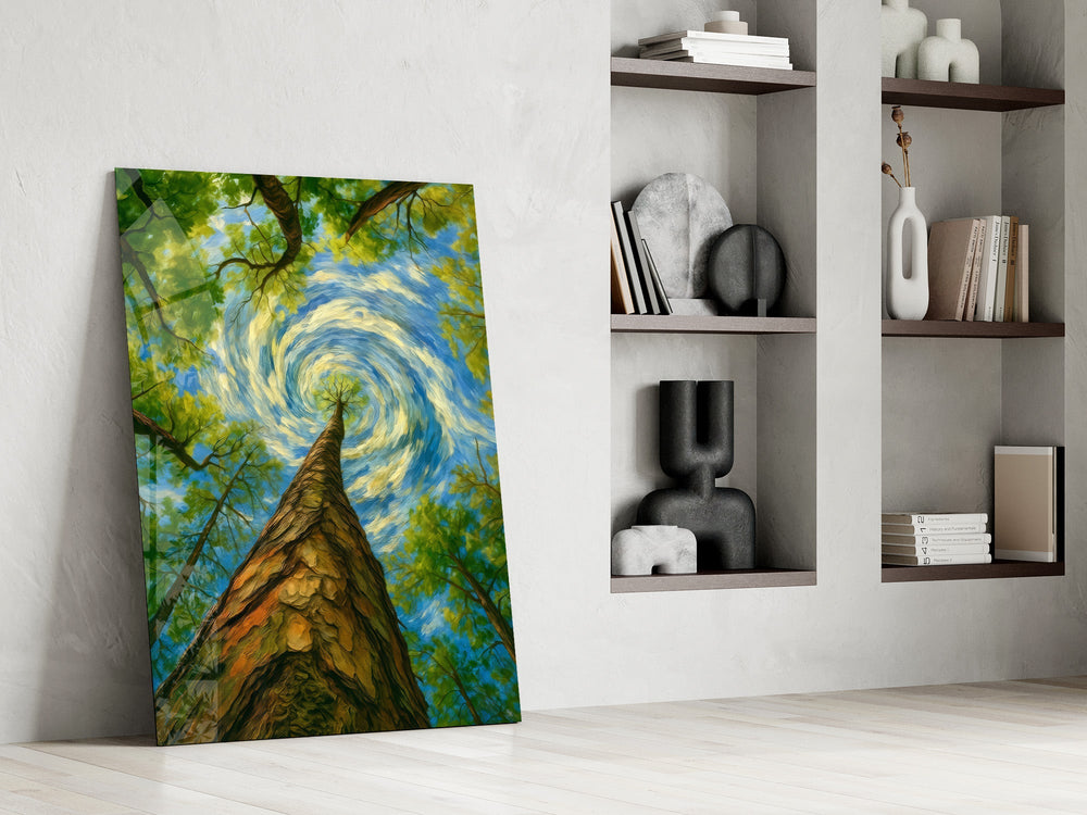 swirling sky through a treetop canopy panel resting in a shelving niche in a modern interior