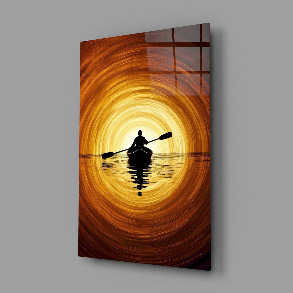 a lone kayaker at golden sunset glass wall art angled to show the polished tempered glass panel