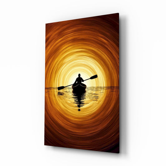 Golden Sunset Kayaker Silhouette Glass Wall Art - Lifestyle preview in a designer interior