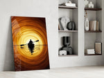 a lone kayaker at golden sunset panel resting in a shelving niche in a modern interior