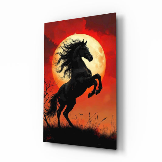 Rearing Black Horse Red Moon Glass Wall Art - Lifestyle preview in a designer interior